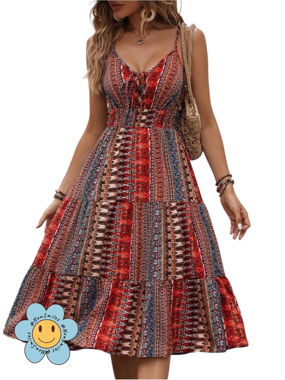 SHEIN ~ Midi Sundress ~ Multi-Colored ~ Boho Tie-Front at V in Center of Front